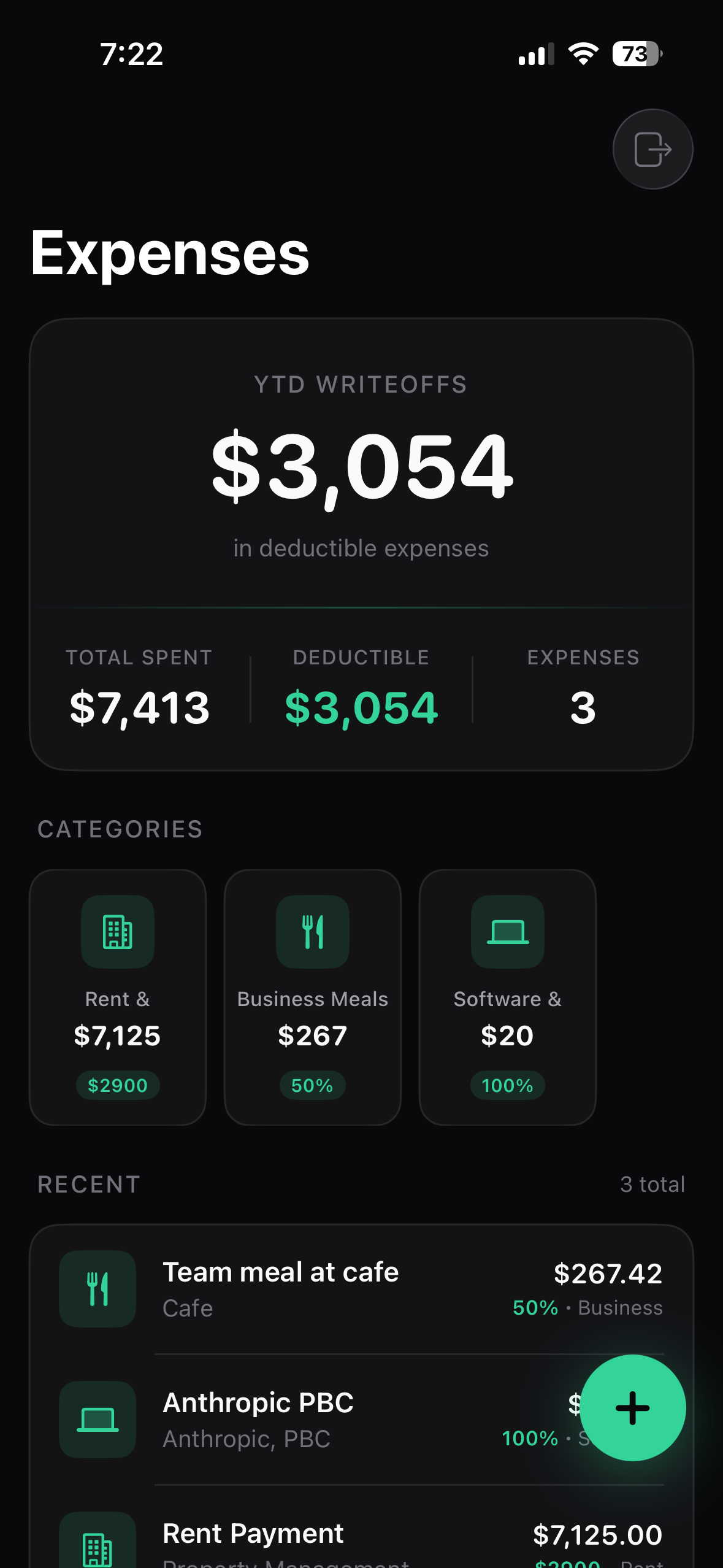 Expense dashboard showing YTD writeoffs and categories