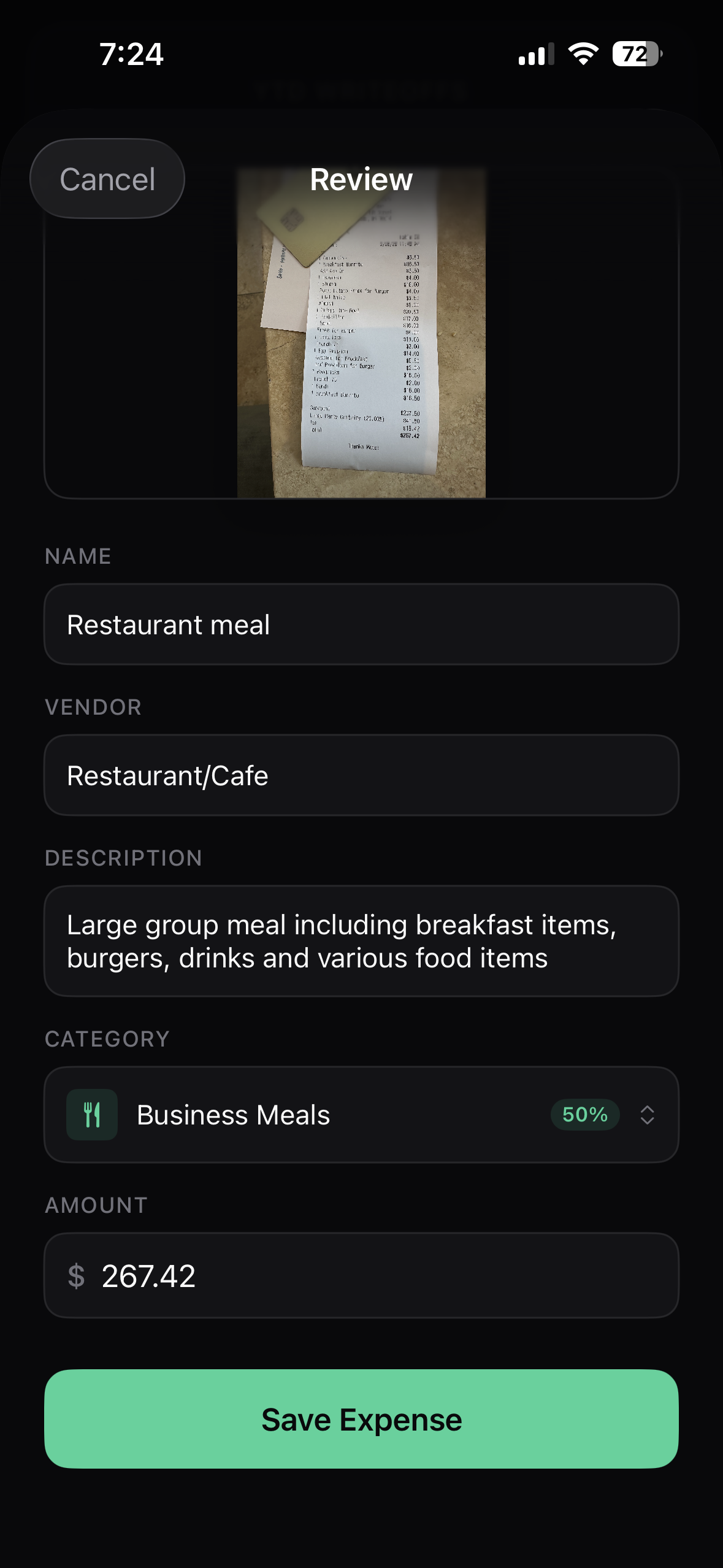 AI auto-fills expense details from receipt